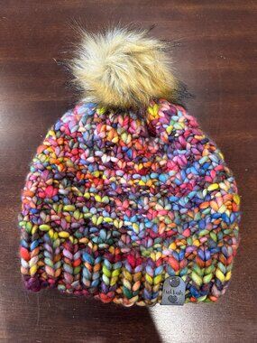 Bright Colorful Festive Handmade chunky knit beanie by Evel Knits Winter Fashion